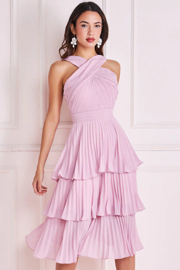 PLEATED BODICE PLAIN CHIFFON TIERED MIDI DRESS Goddiva
